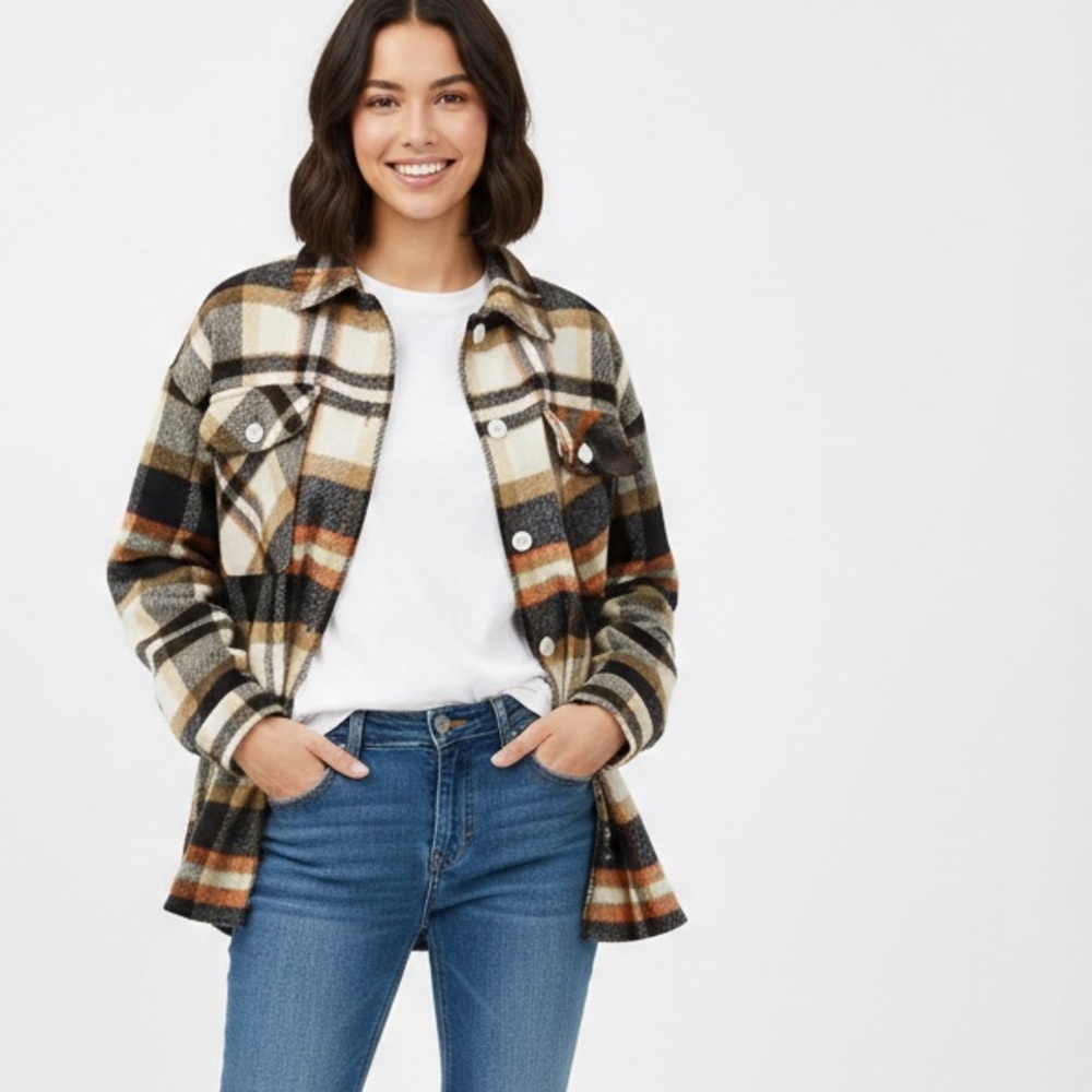 SHEIN Black and Cream Plaid Jacket